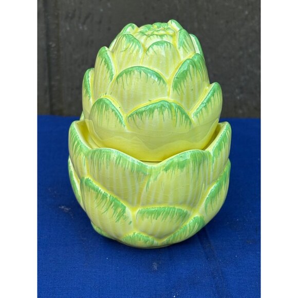 Vintage Haldon Group Artichoke Ceramic Salt Pepper Shaker Set Green Yellow Glaze - Picture 2 of 7